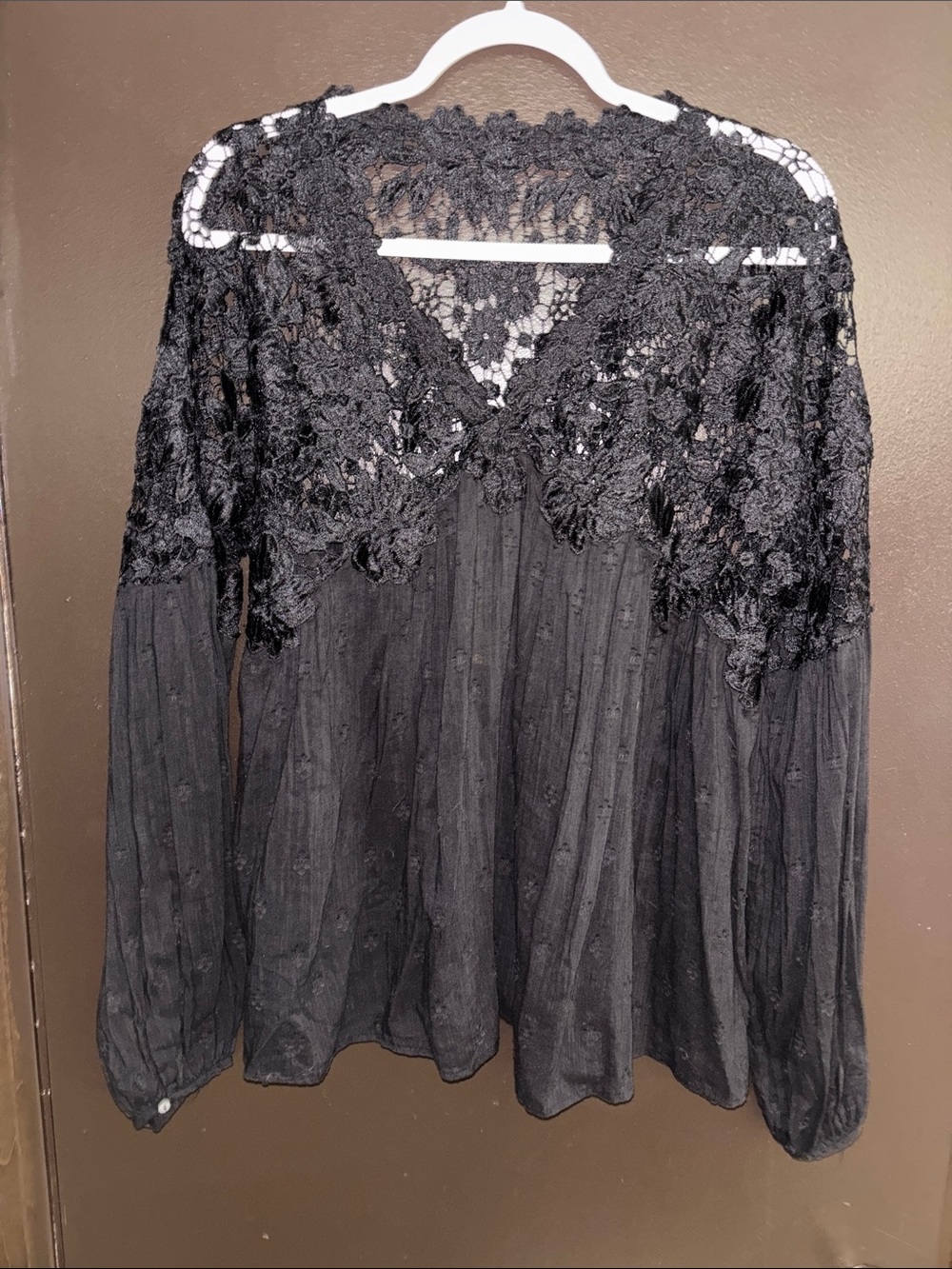 Black Lace Crochet V-Neck Blouse